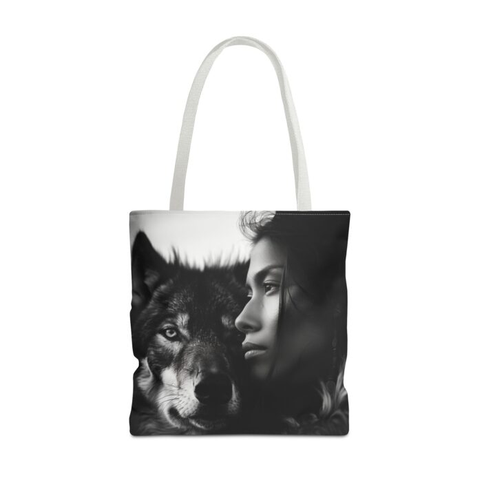 “Kindred Spirits” Wolf & Woman Monochrome Tote Bag - Image 41