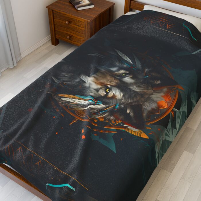 “Guardian Spirit” Tribal Wolf Velveteen Plush Blanket - Image 7