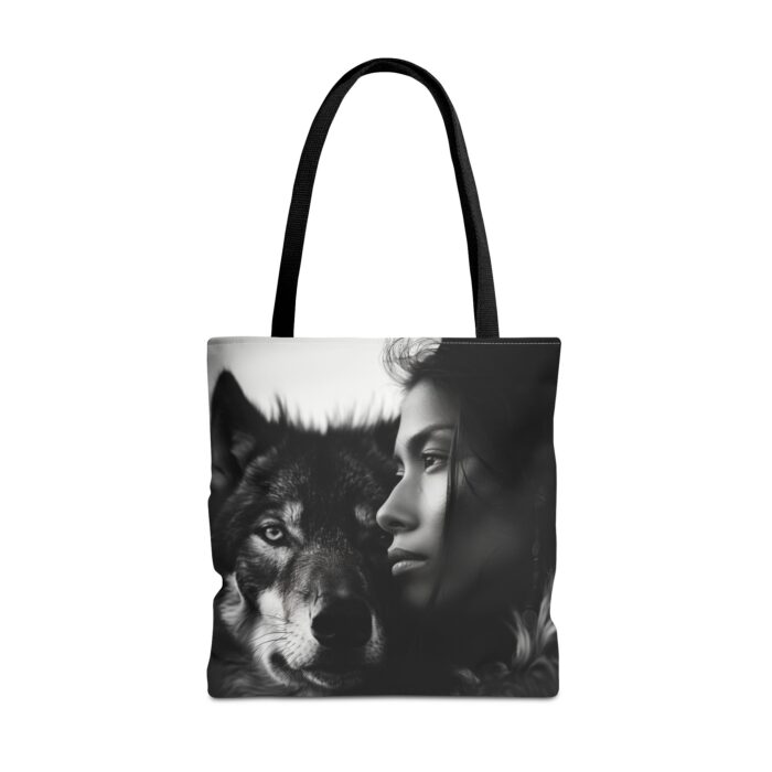 “Kindred Spirits” Wolf & Woman Monochrome Tote Bag - Image 25