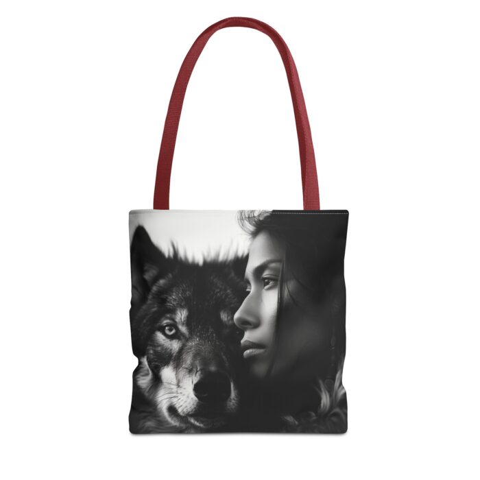 “Kindred Spirits” Wolf & Woman Monochrome Tote Bag - Image 5
