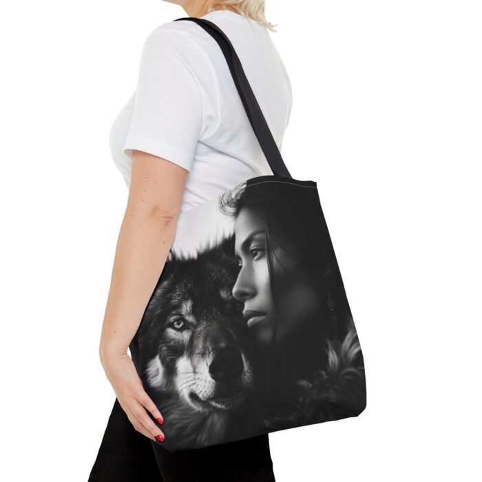 “Kindred Spirits” Wolf & Woman Monochrome Tote Bag - Image 24