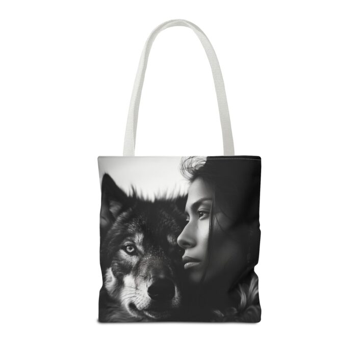 “Kindred Spirits” Wolf & Woman Monochrome Tote Bag - Image 38