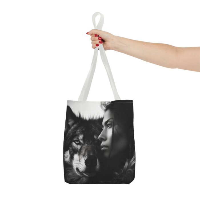 “Kindred Spirits” Wolf & Woman Monochrome Tote Bag - Image 12