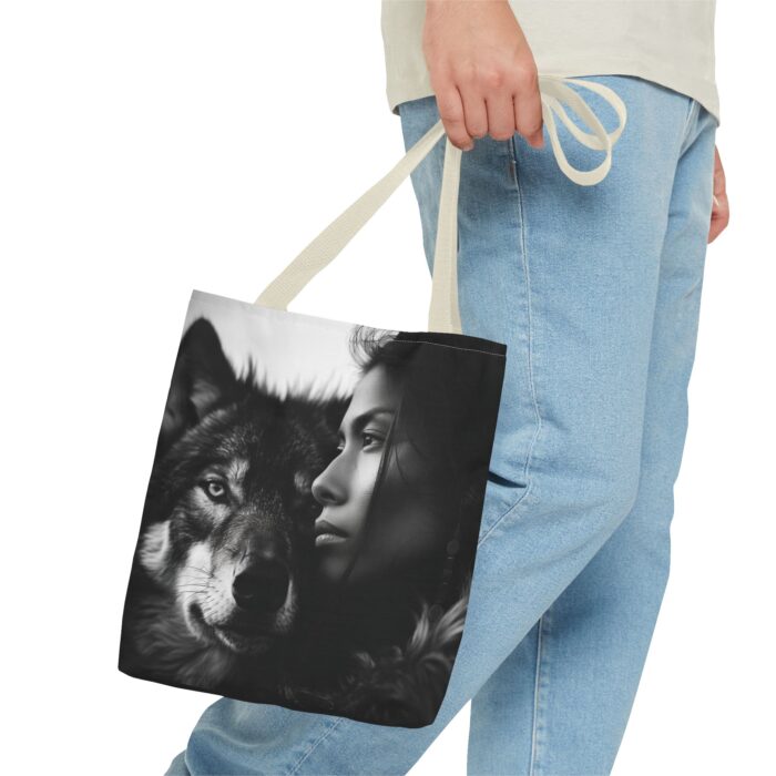 “Kindred Spirits” Wolf & Woman Monochrome Tote Bag - Image 15