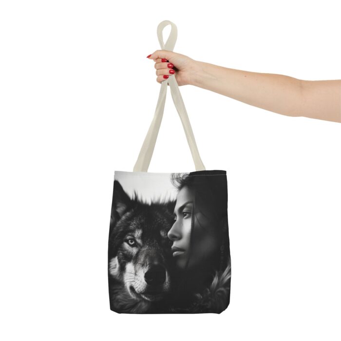 “Kindred Spirits” Wolf & Woman Monochrome Tote Bag - Image 16