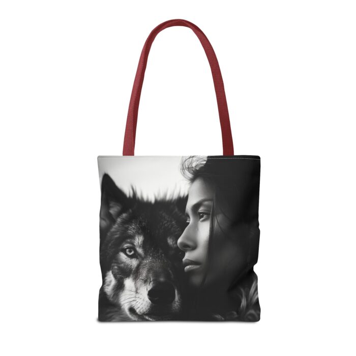 “Kindred Spirits” Wolf & Woman Monochrome Tote Bag - Image 30