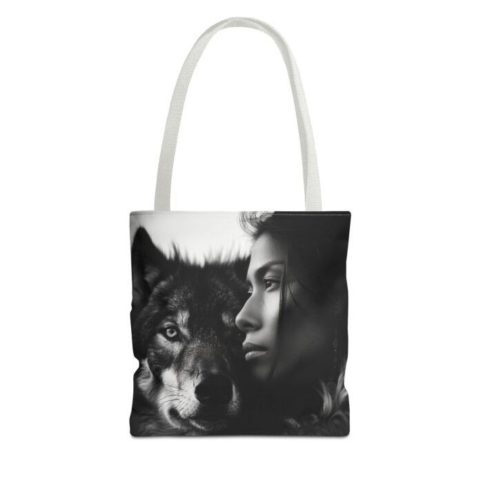 “Kindred Spirits” Wolf & Woman Monochrome Tote Bag - Image 9