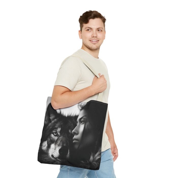 “Kindred Spirits” Wolf & Woman Monochrome Tote Bag - Image 51