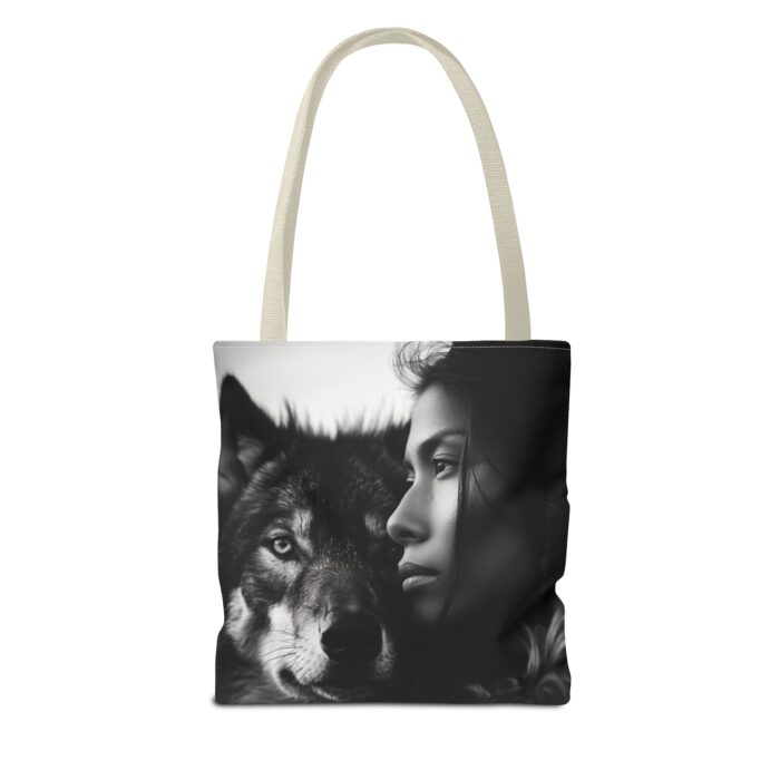 “Kindred Spirits” Wolf & Woman Monochrome Tote Bag - Image 14