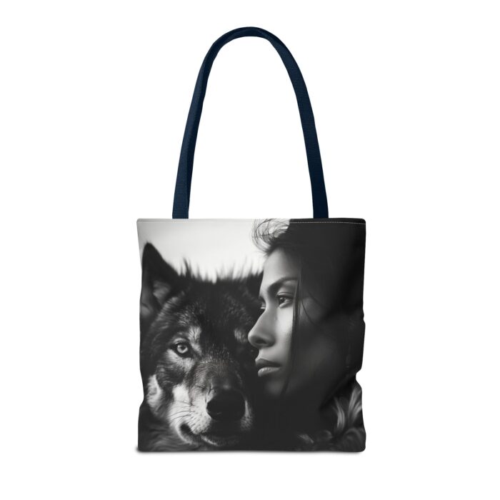 “Kindred Spirits” Wolf & Woman Monochrome Tote Bag - Image 54