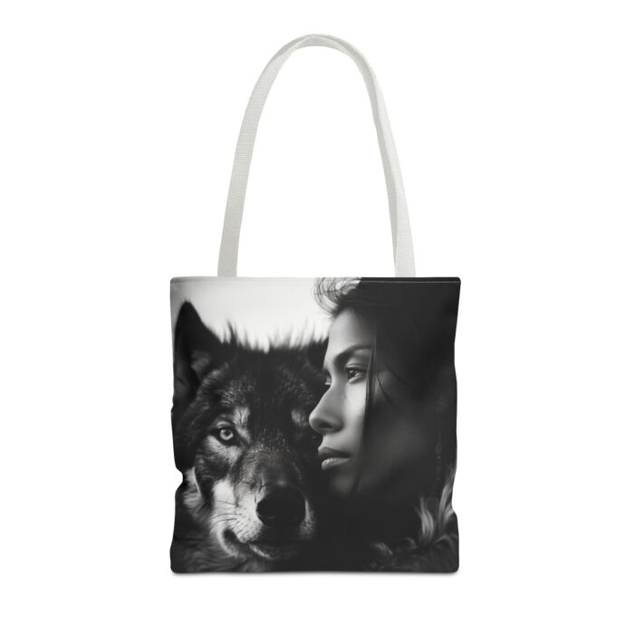 “Kindred Spirits” Wolf & Woman Monochrome Tote Bag - Image 37