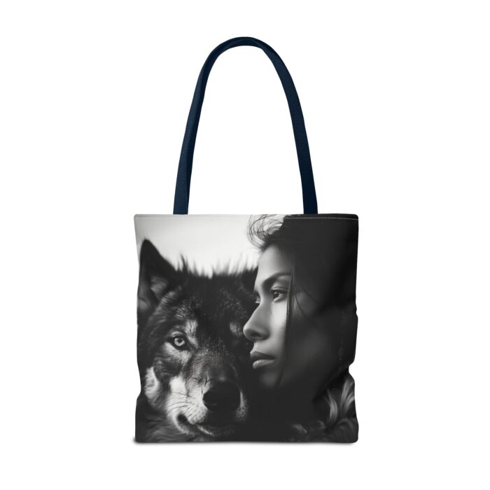 “Kindred Spirits” Wolf & Woman Monochrome Tote Bag - Image 58