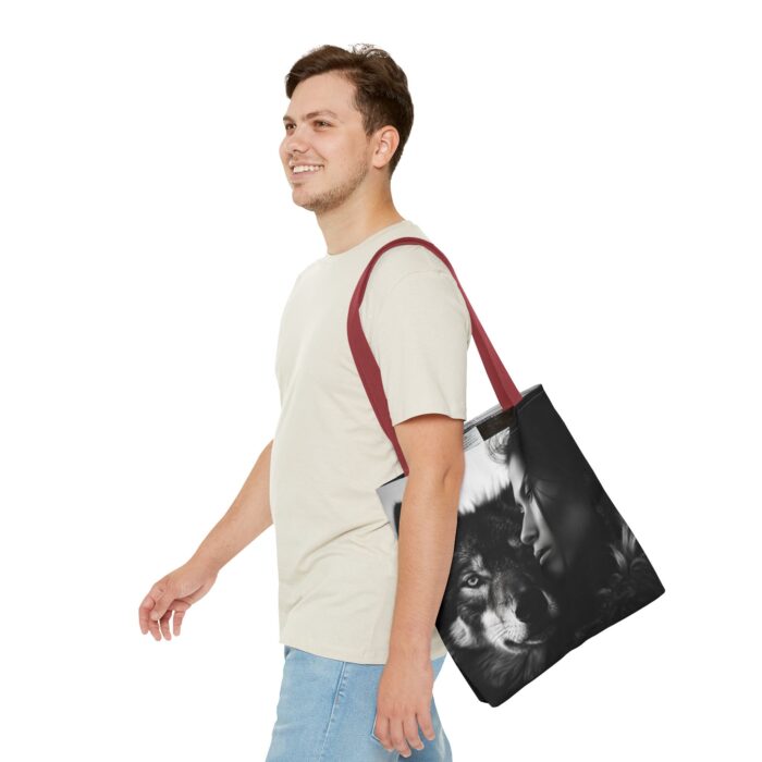 “Kindred Spirits” Wolf & Woman Monochrome Tote Bag - Image 31