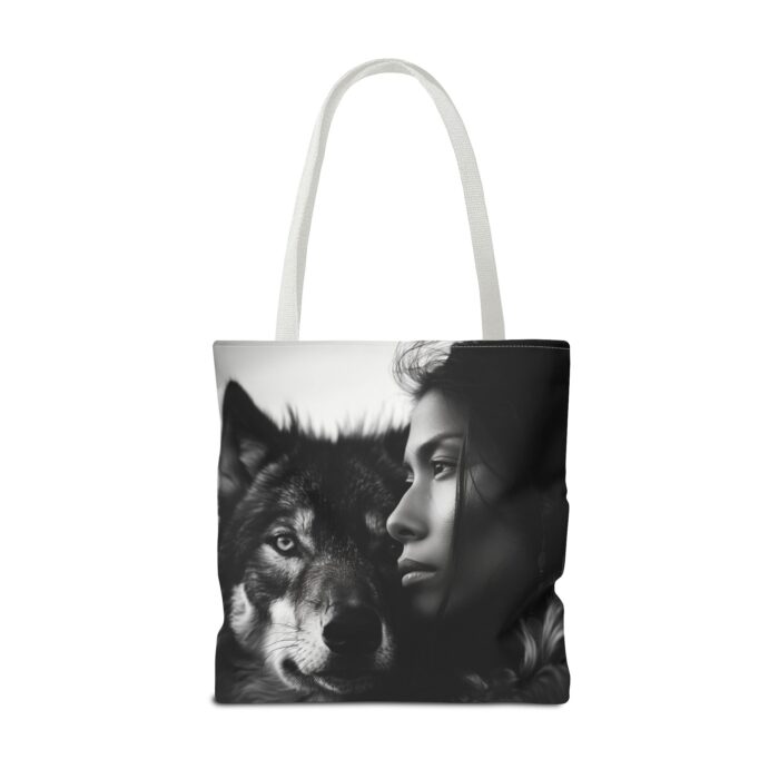 “Kindred Spirits” Wolf & Woman Monochrome Tote Bag - Image 42