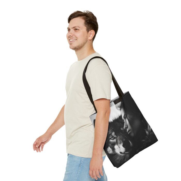“Kindred Spirits” Wolf & Woman Monochrome Tote Bag - Image 23