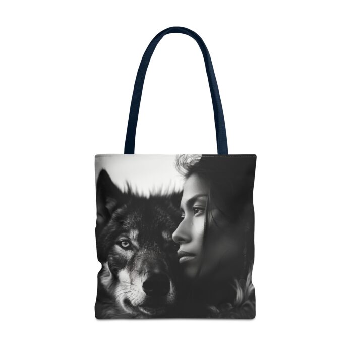 “Kindred Spirits” Wolf & Woman Monochrome Tote Bag - Image 57