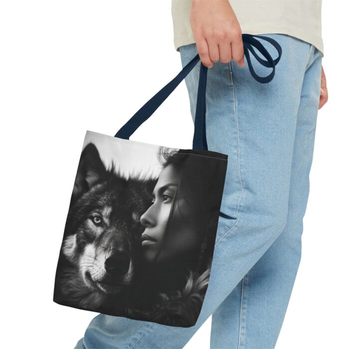 “Kindred Spirits” Wolf & Woman Monochrome Tote Bag - Image 19