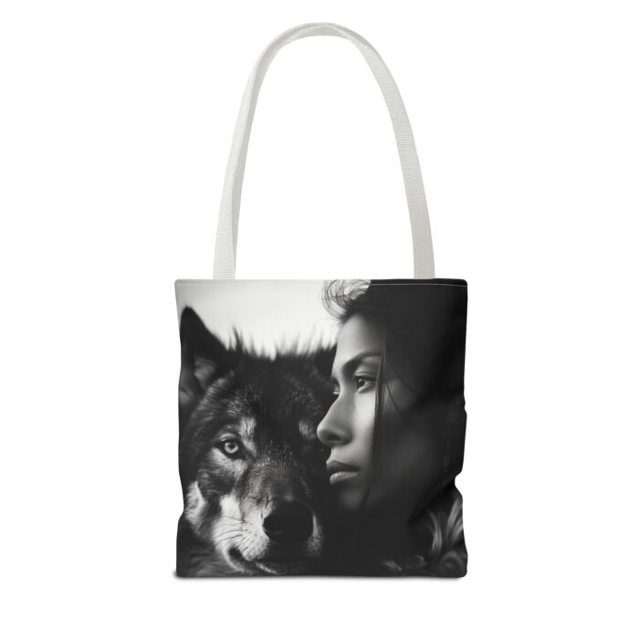 “Kindred Spirits” Wolf & Woman Monochrome Tote Bag - Image 10