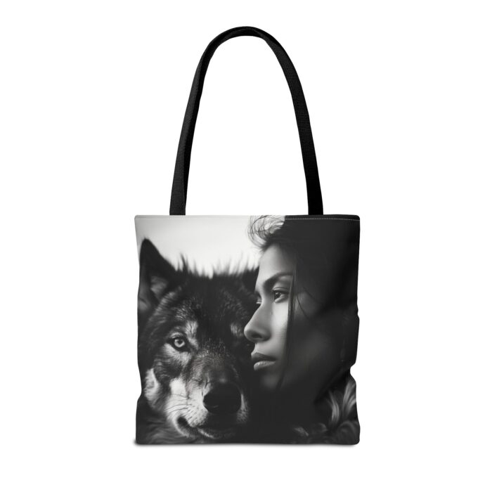 “Kindred Spirits” Wolf & Woman Monochrome Tote Bag - Image 22