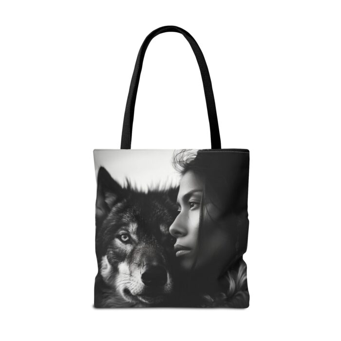 “Kindred Spirits” Wolf & Woman Monochrome Tote Bag - Image 26