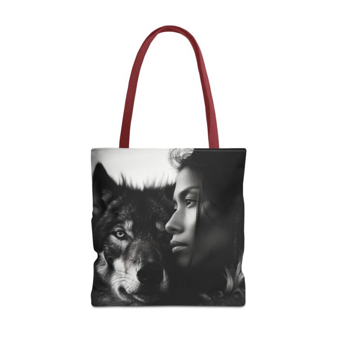 “Kindred Spirits” Wolf & Woman Monochrome Tote Bag - Image 33
