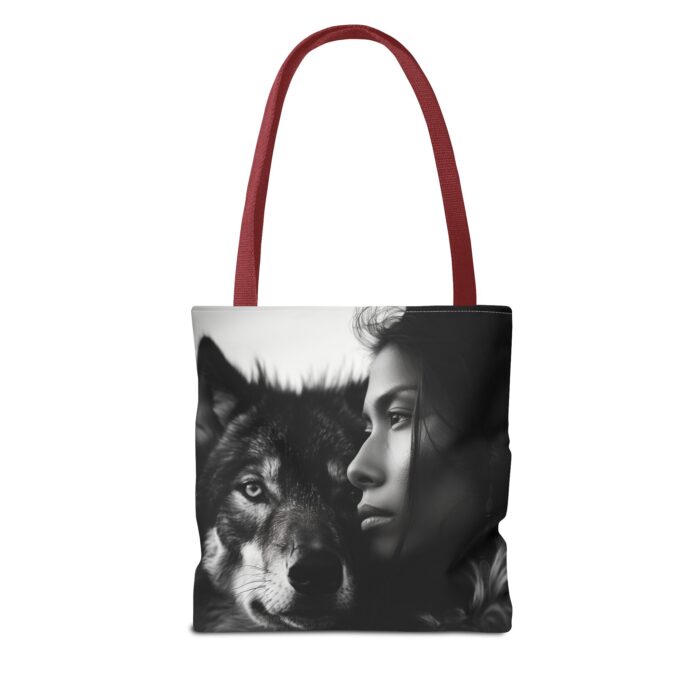 “Kindred Spirits” Wolf & Woman Monochrome Tote Bag - Image 6