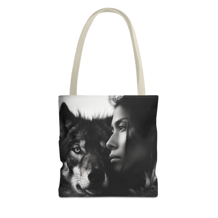 “Kindred Spirits” Wolf & Woman Monochrome Tote Bag - Image 13