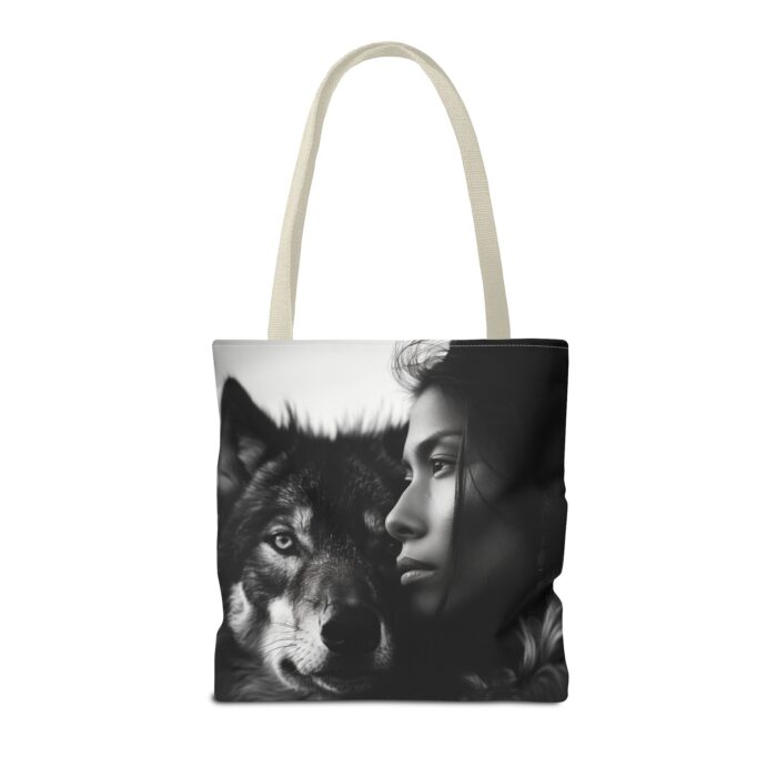 “Kindred Spirits” Wolf & Woman Monochrome Tote Bag - Image 46