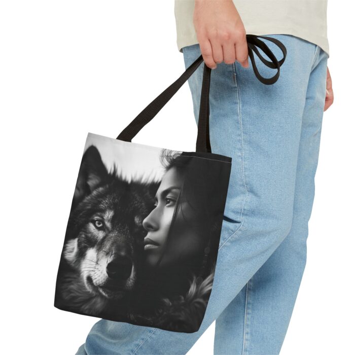 “Kindred Spirits” Wolf & Woman Monochrome Tote Bag - Image 3