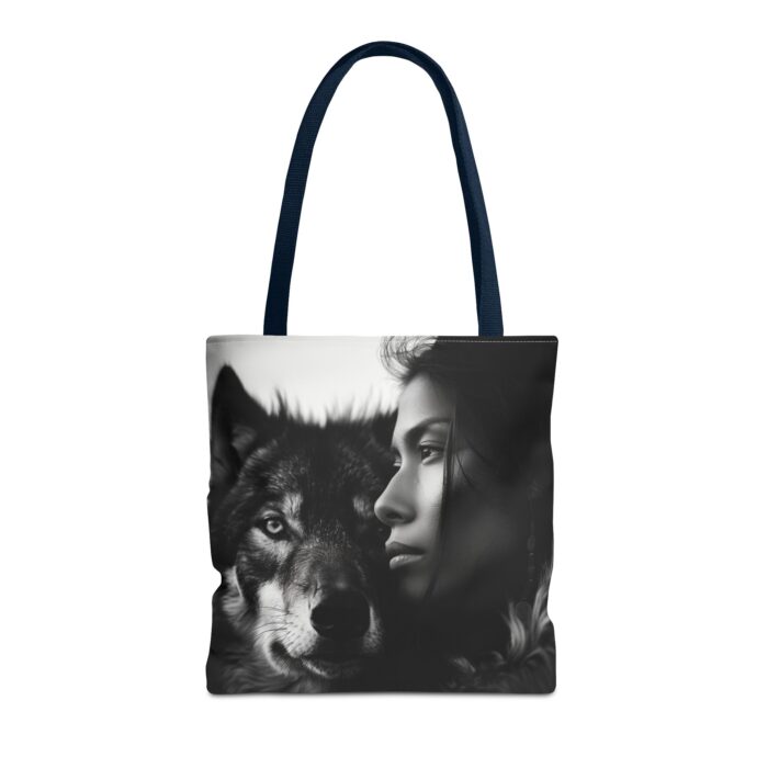 “Kindred Spirits” Wolf & Woman Monochrome Tote Bag - Image 53