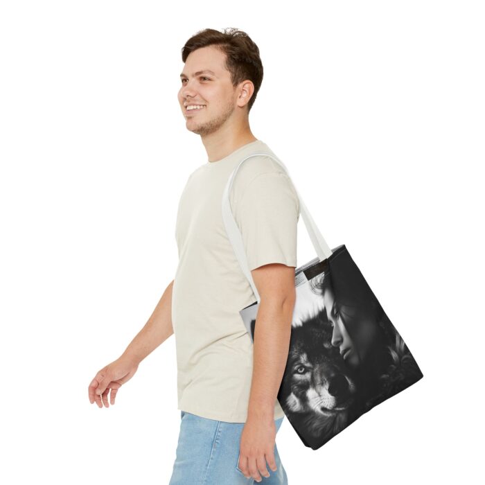 “Kindred Spirits” Wolf & Woman Monochrome Tote Bag - Image 39