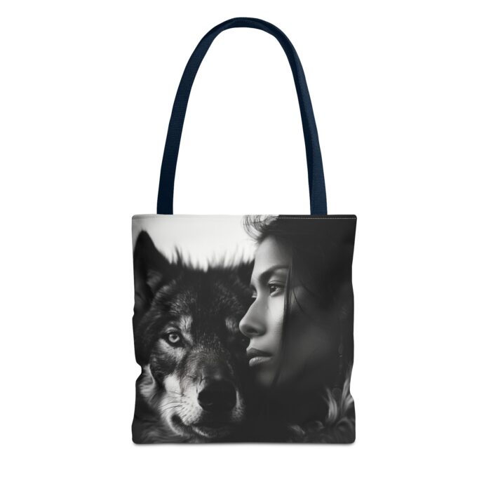 “Kindred Spirits” Wolf & Woman Monochrome Tote Bag - Image 17