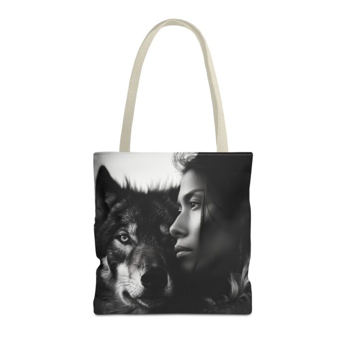 “Kindred Spirits” Wolf & Woman Monochrome Tote Bag - Image 45