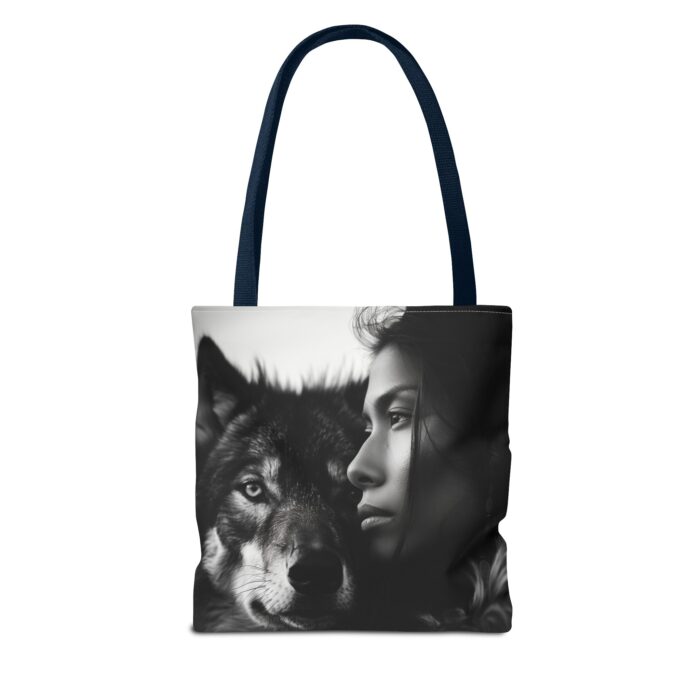 “Kindred Spirits” Wolf & Woman Monochrome Tote Bag - Image 18