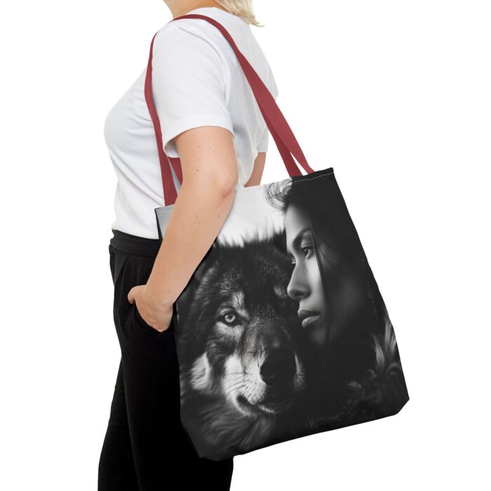 “Kindred Spirits” Wolf & Woman Monochrome Tote Bag - Image 36