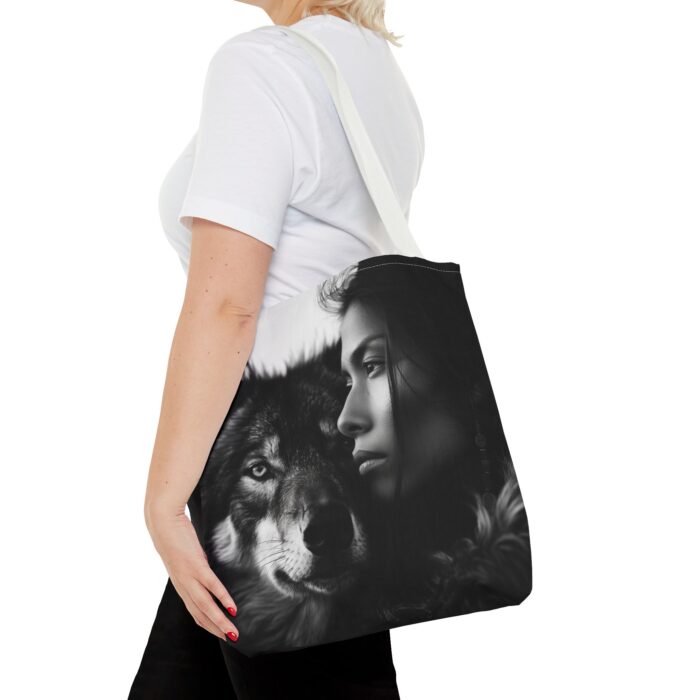 “Kindred Spirits” Wolf & Woman Monochrome Tote Bag - Image 40