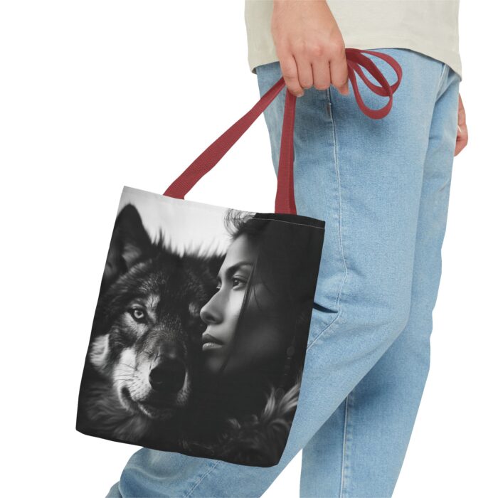“Kindred Spirits” Wolf & Woman Monochrome Tote Bag - Image 7