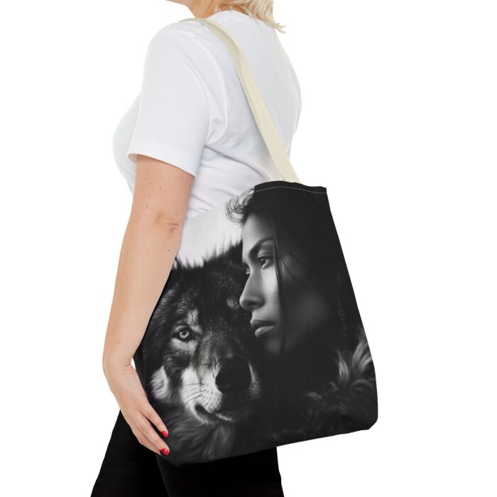 “Kindred Spirits” Wolf & Woman Monochrome Tote Bag - Image 48
