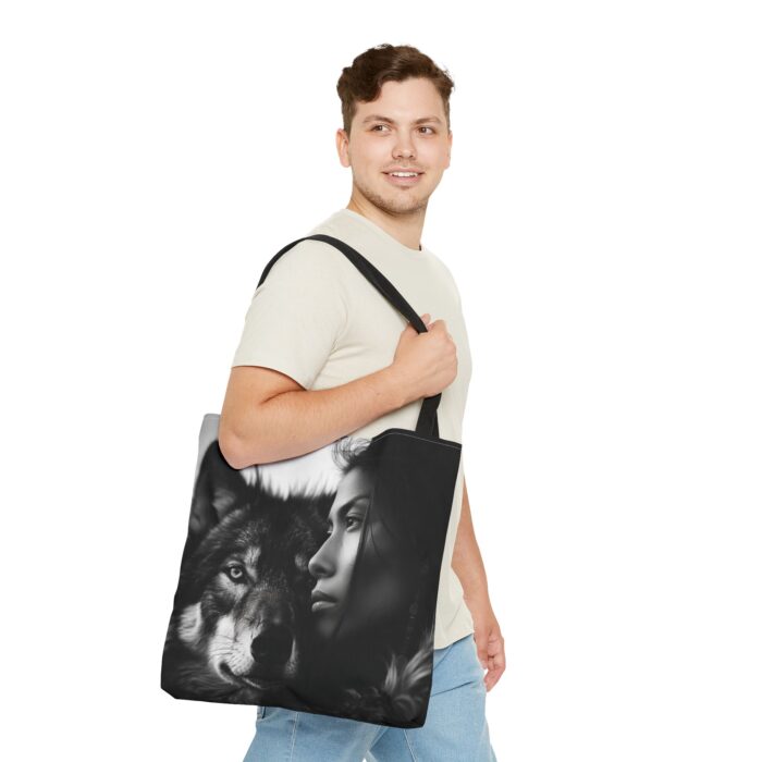 “Kindred Spirits” Wolf & Woman Monochrome Tote Bag - Image 27