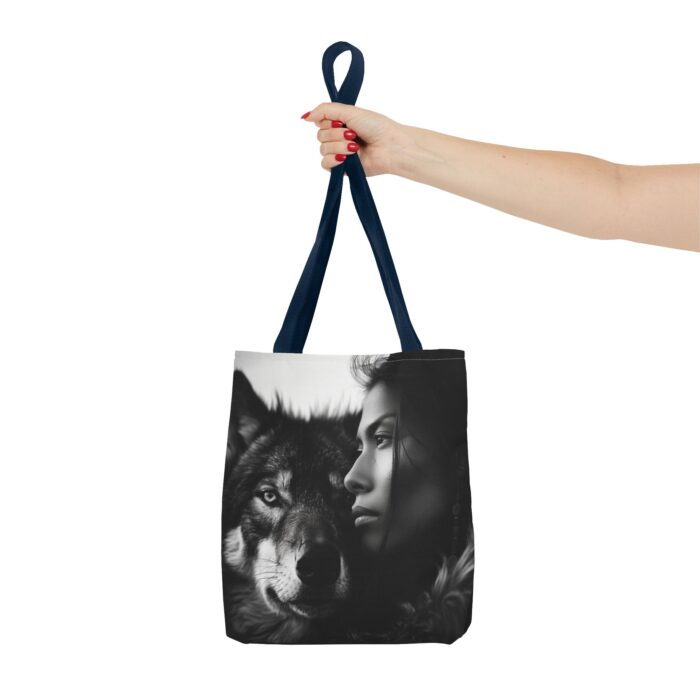 “Kindred Spirits” Wolf & Woman Monochrome Tote Bag - Image 20