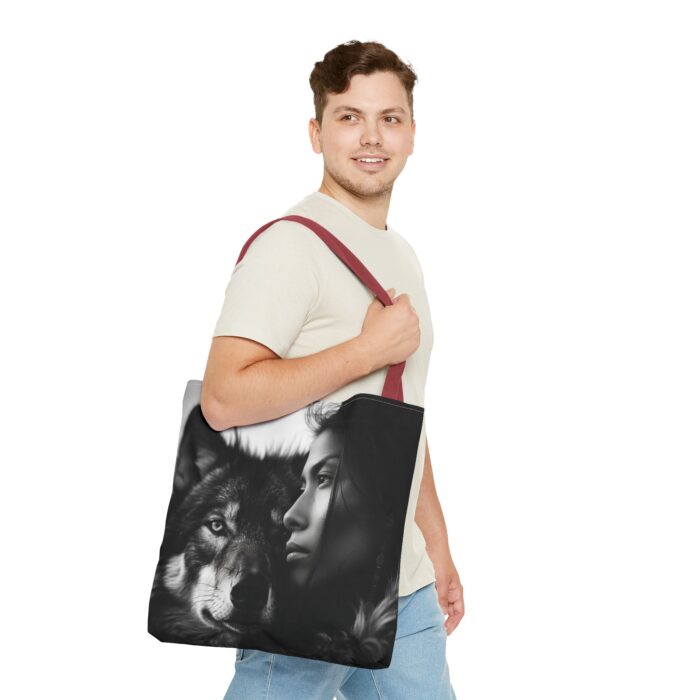 “Kindred Spirits” Wolf & Woman Monochrome Tote Bag - Image 35