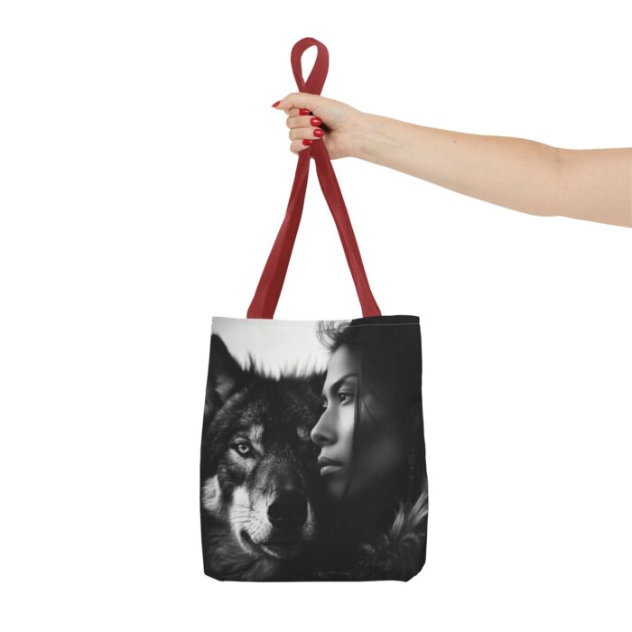 “Kindred Spirits” Wolf & Woman Monochrome Tote Bag - Image 8