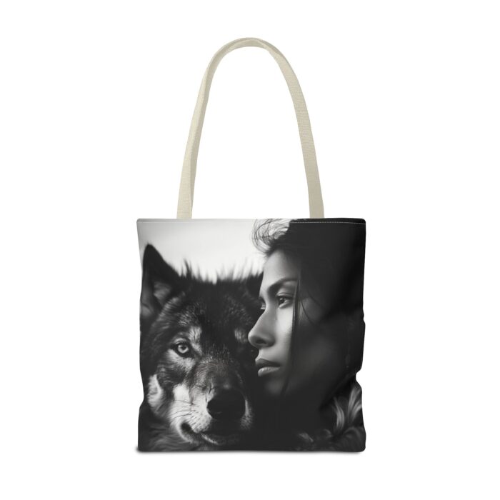 “Kindred Spirits” Wolf & Woman Monochrome Tote Bag - Image 50