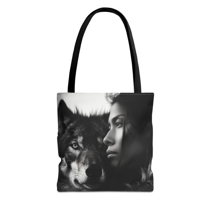 “Kindred Spirits” Wolf & Woman Monochrome Tote Bag