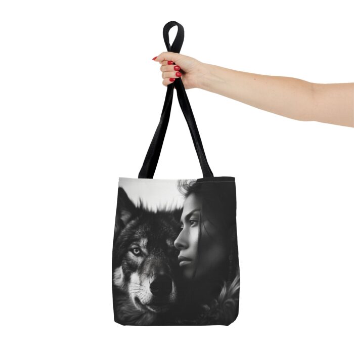 “Kindred Spirits” Wolf & Woman Monochrome Tote Bag - Image 4