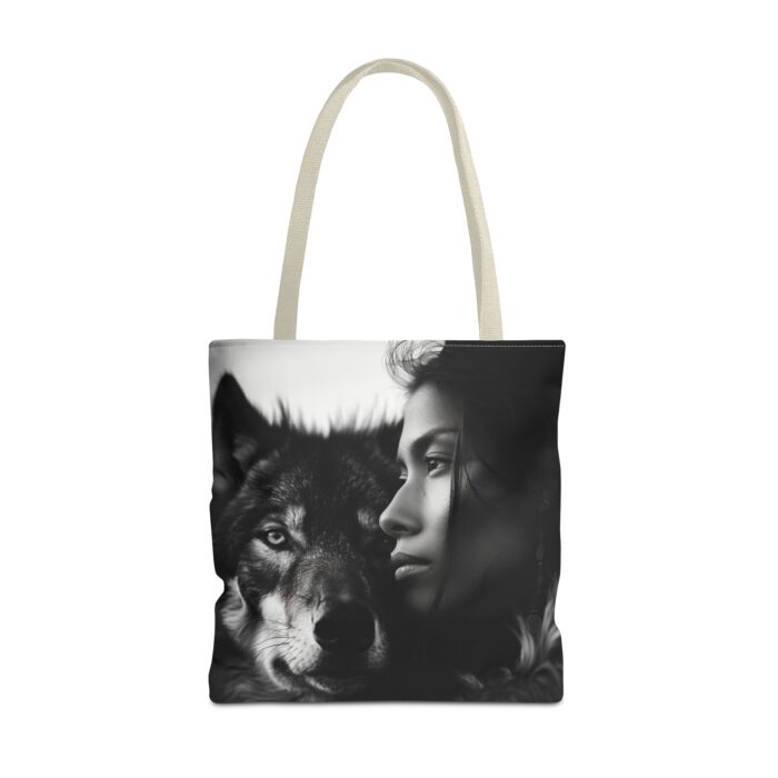 “Kindred Spirits” Wolf & Woman Monochrome Tote Bag - Image 49
